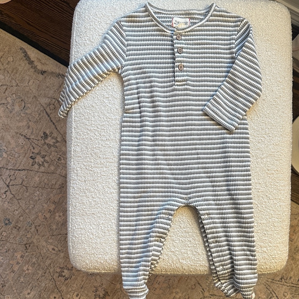 Me & Henry Gray and White Striped Long Sleeve Henley Romper